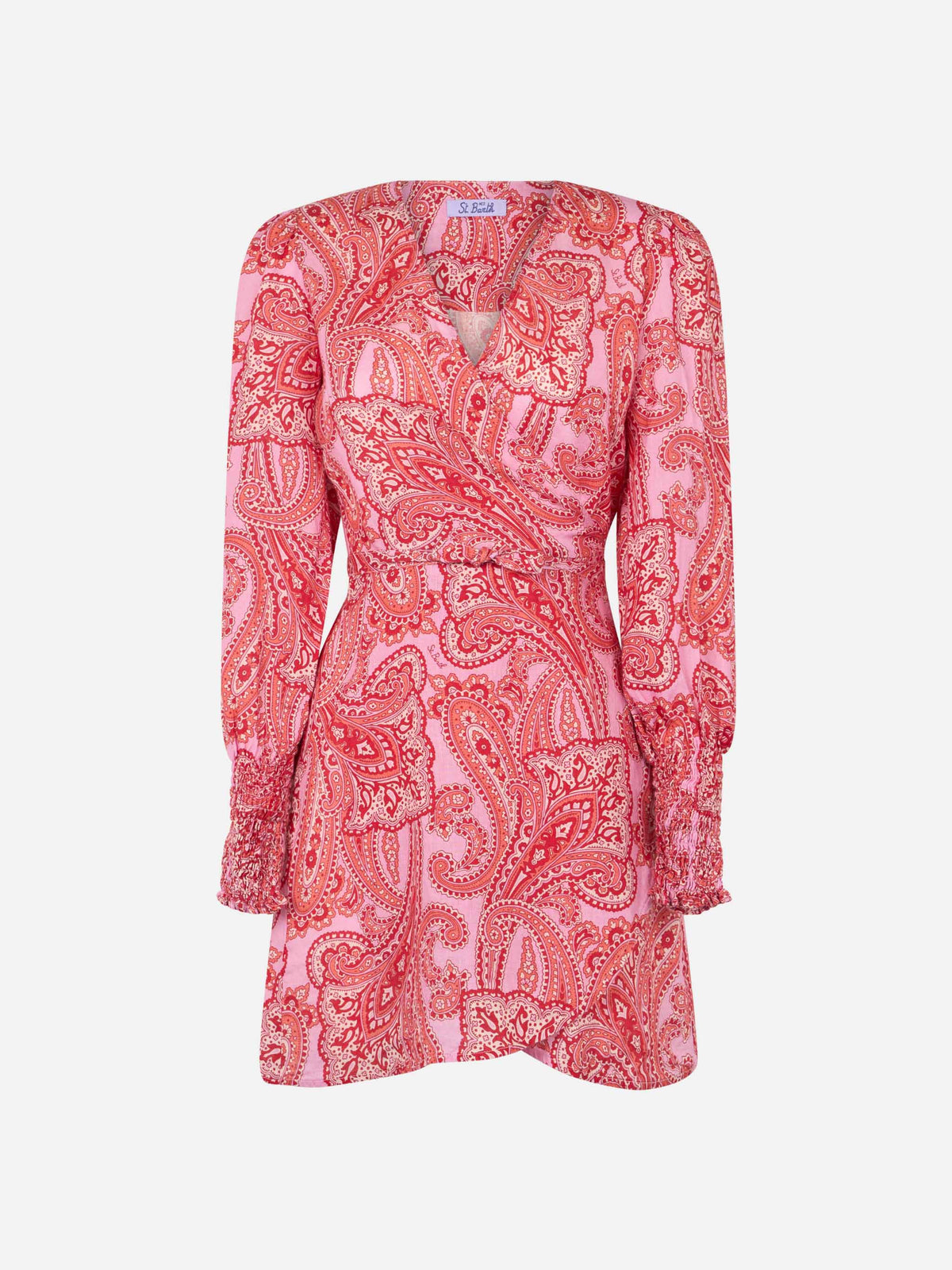 Vestido de lino Brilly rosa con elegante estampado de cachemira