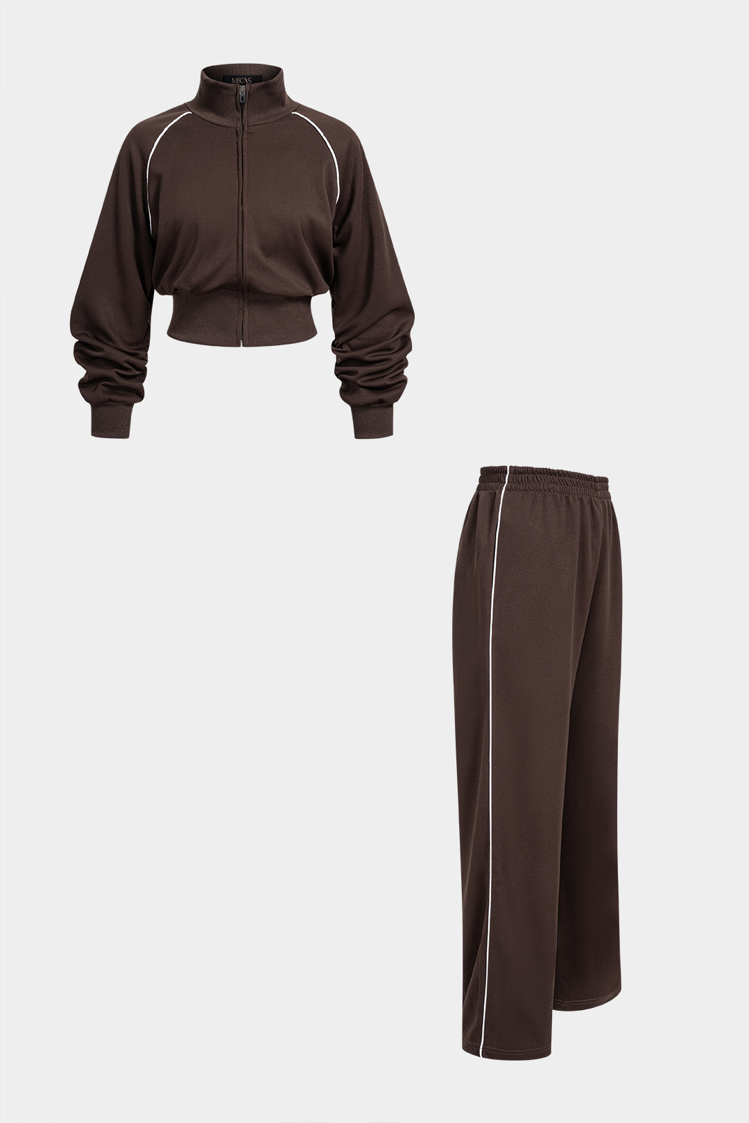 Conjunto de Chaqueta con Cremallera y Cuello Alto con Vivo Contrastante y Pantalón Ancho