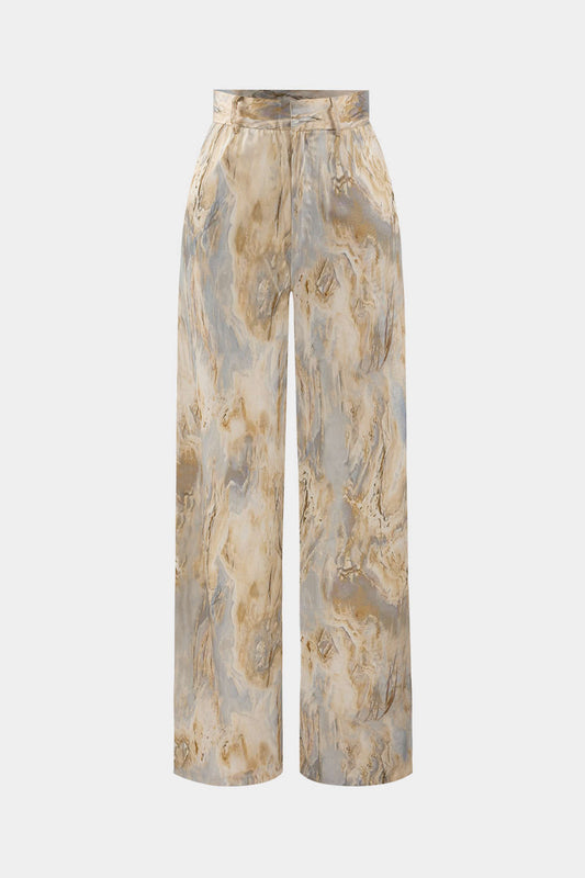 Pantalón Recto Largo de Talle Alto con Estampado de Mármol