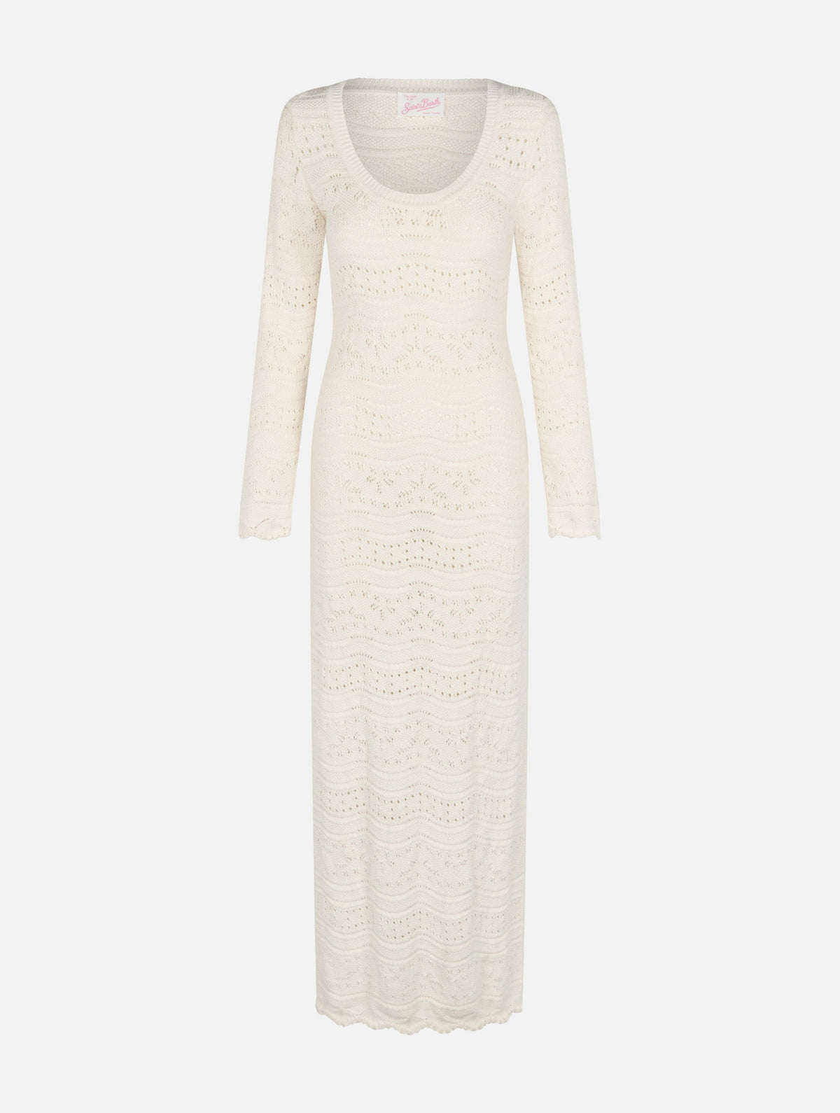 Vestido midi de punto calado en blanco roto, con abertura en el abdomen y bordes festoneados