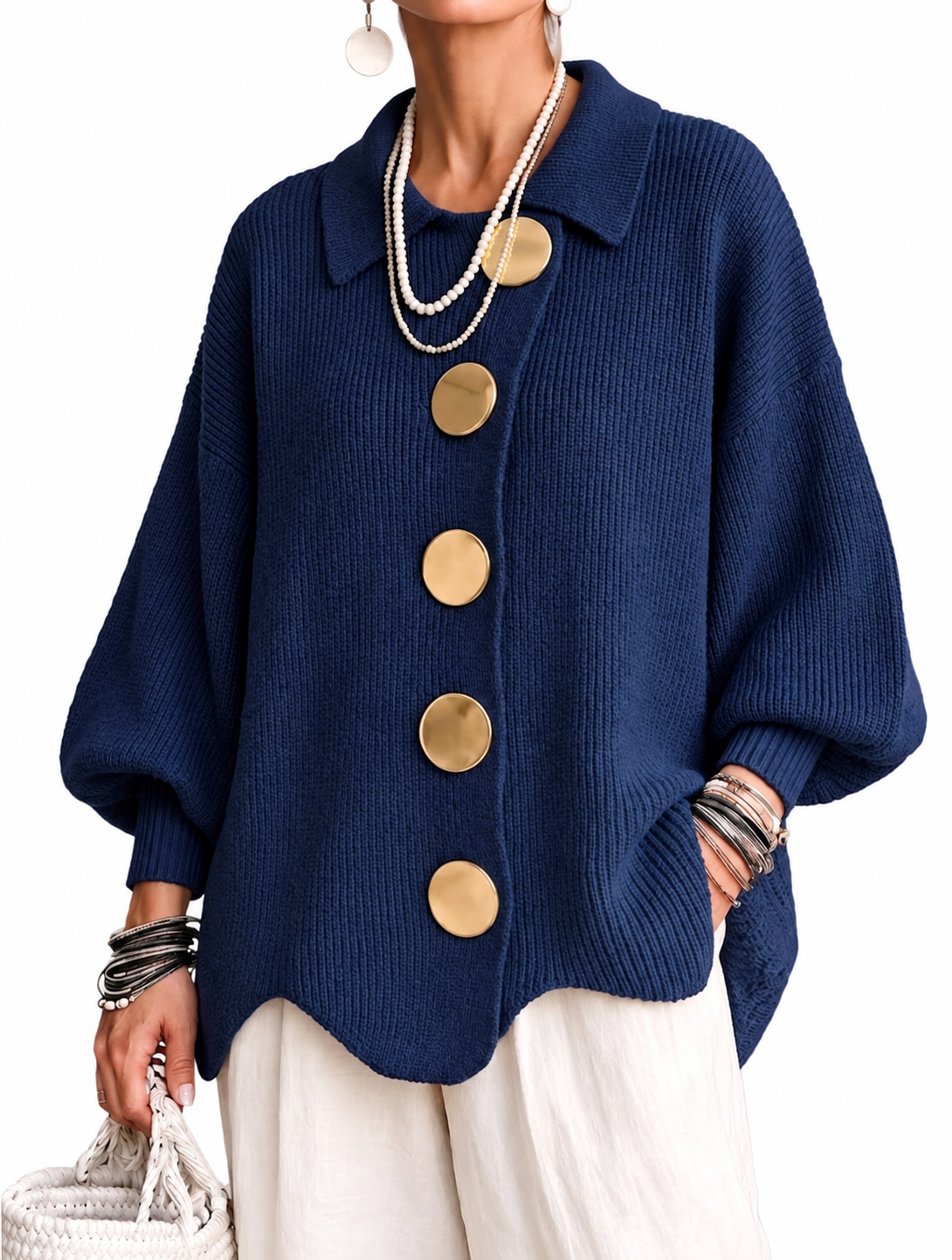 Marie Dominguez – Cardigan Oversize con Colletto e Bottoni Dorati