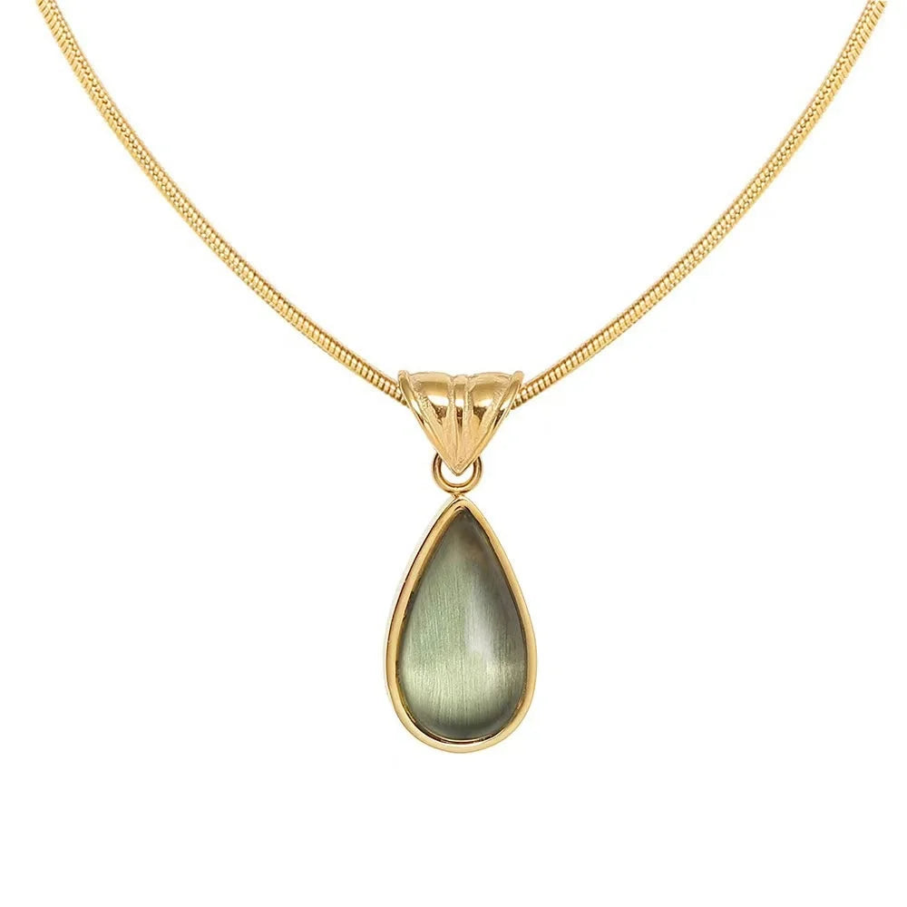 Collana con ciondolo a goccia blu o verde da donna, acciaio al titanio inossidabile, catenina sottile a serpente, finitura dorata o argentata, design classico ed elegante