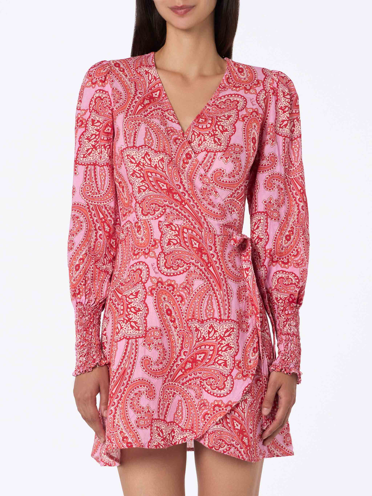 Vestido de lino Brilly rosa con elegante estampado de cachemira
