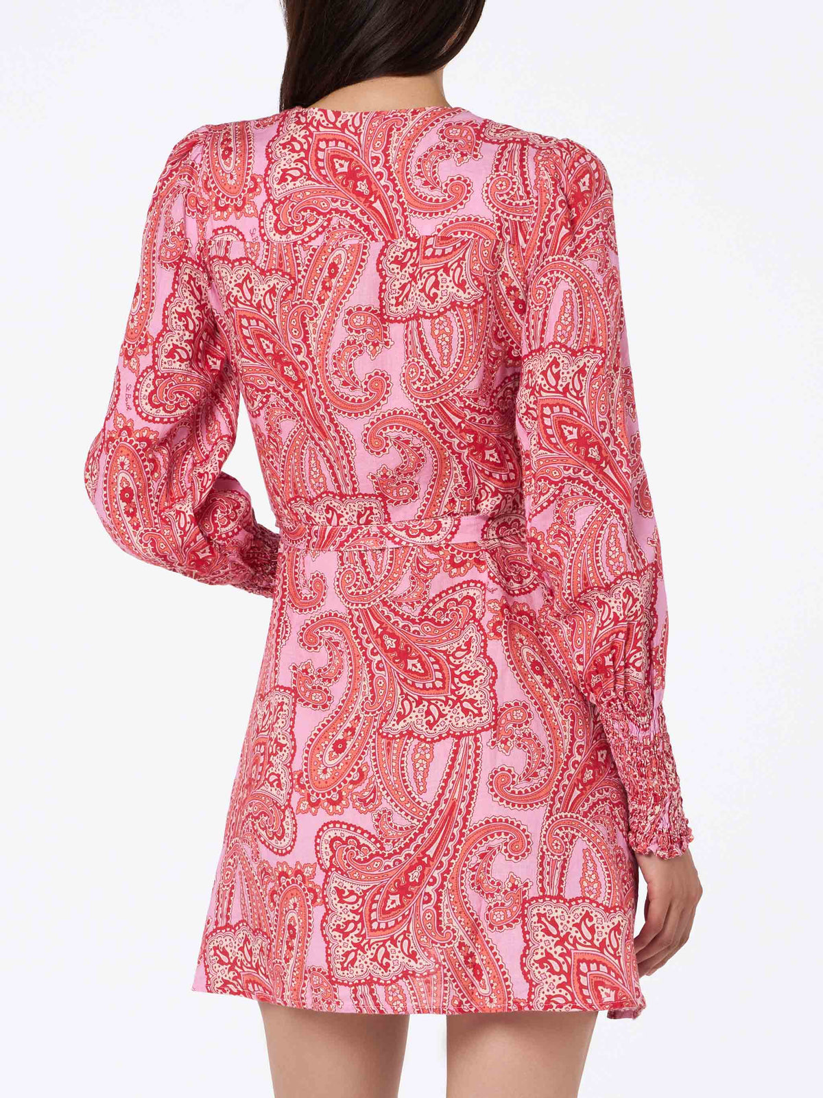 Vestido de lino Brilly rosa con elegante estampado de cachemira