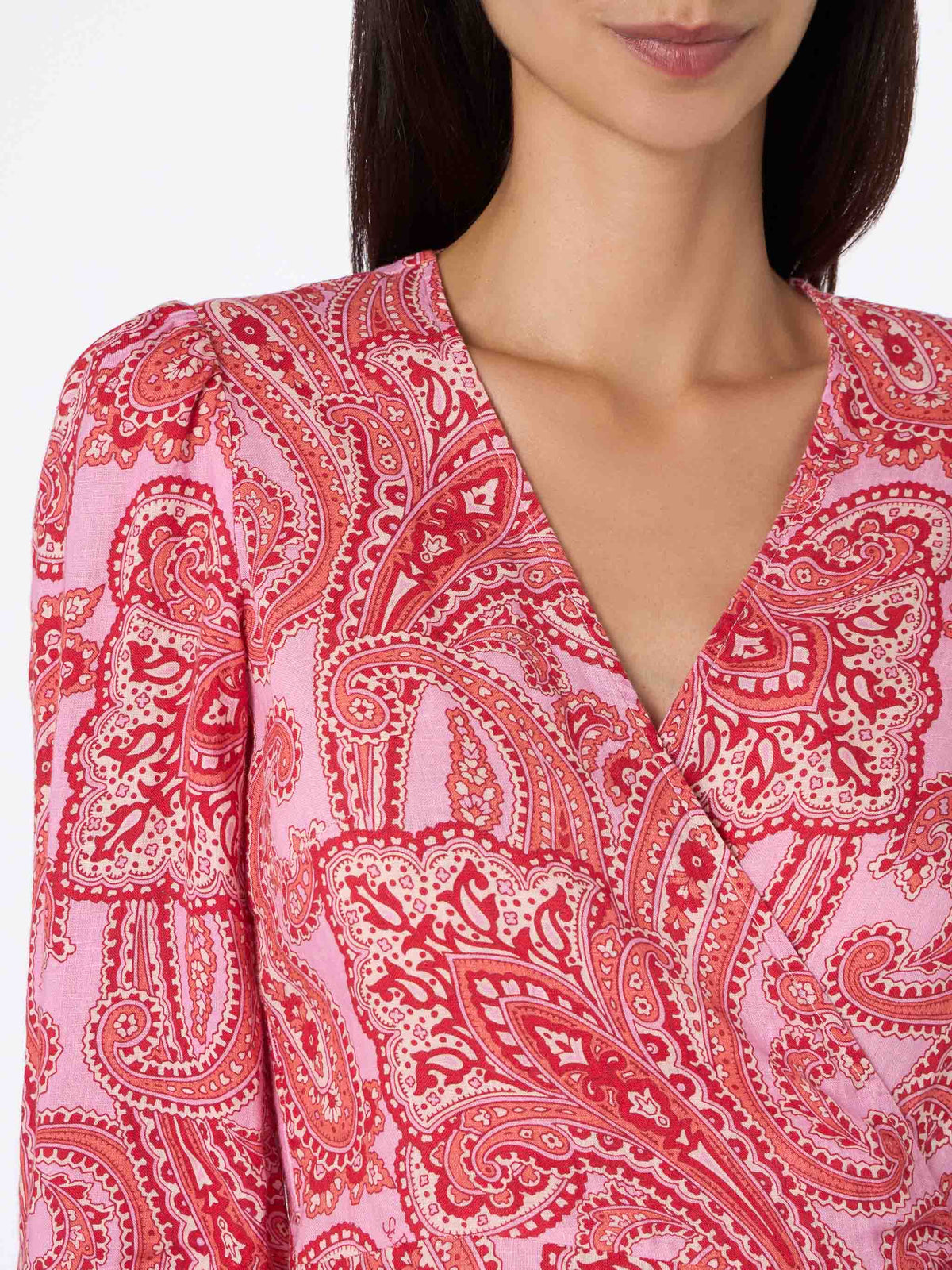 Vestido de lino Brilly rosa con elegante estampado de cachemira