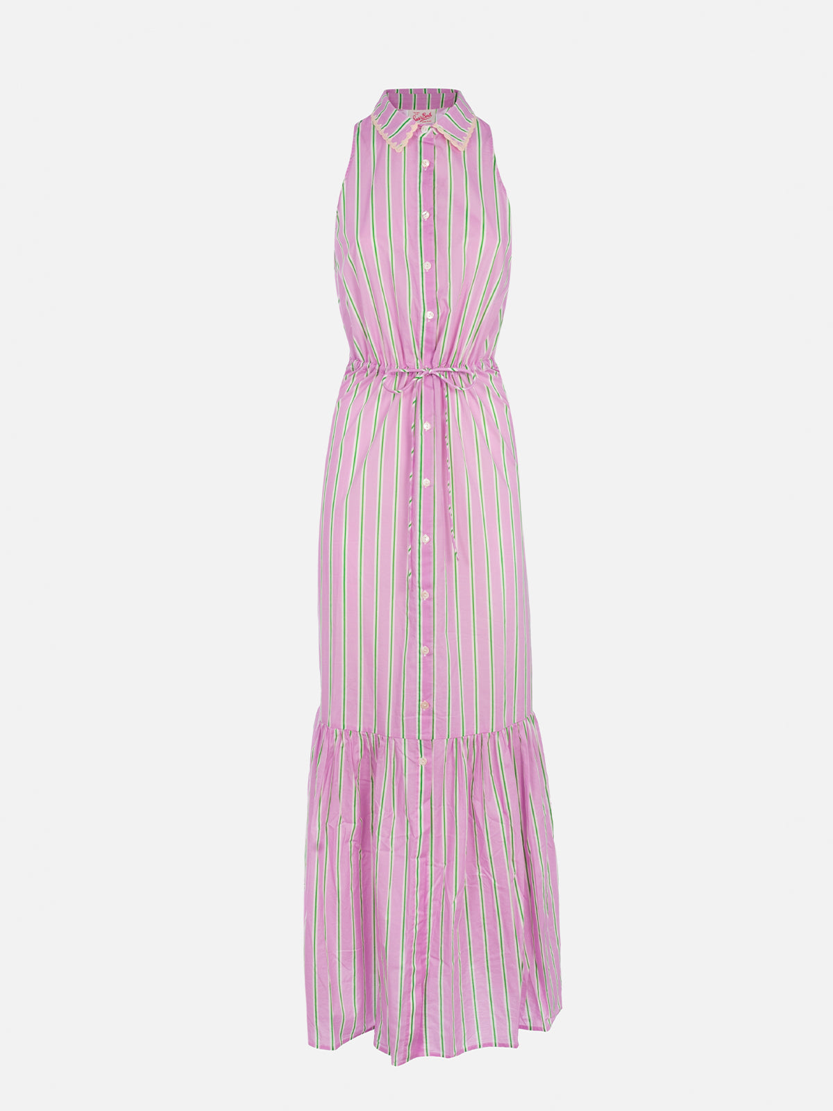 Vestido Ida de cuello halter con rayas lilas y naranjas