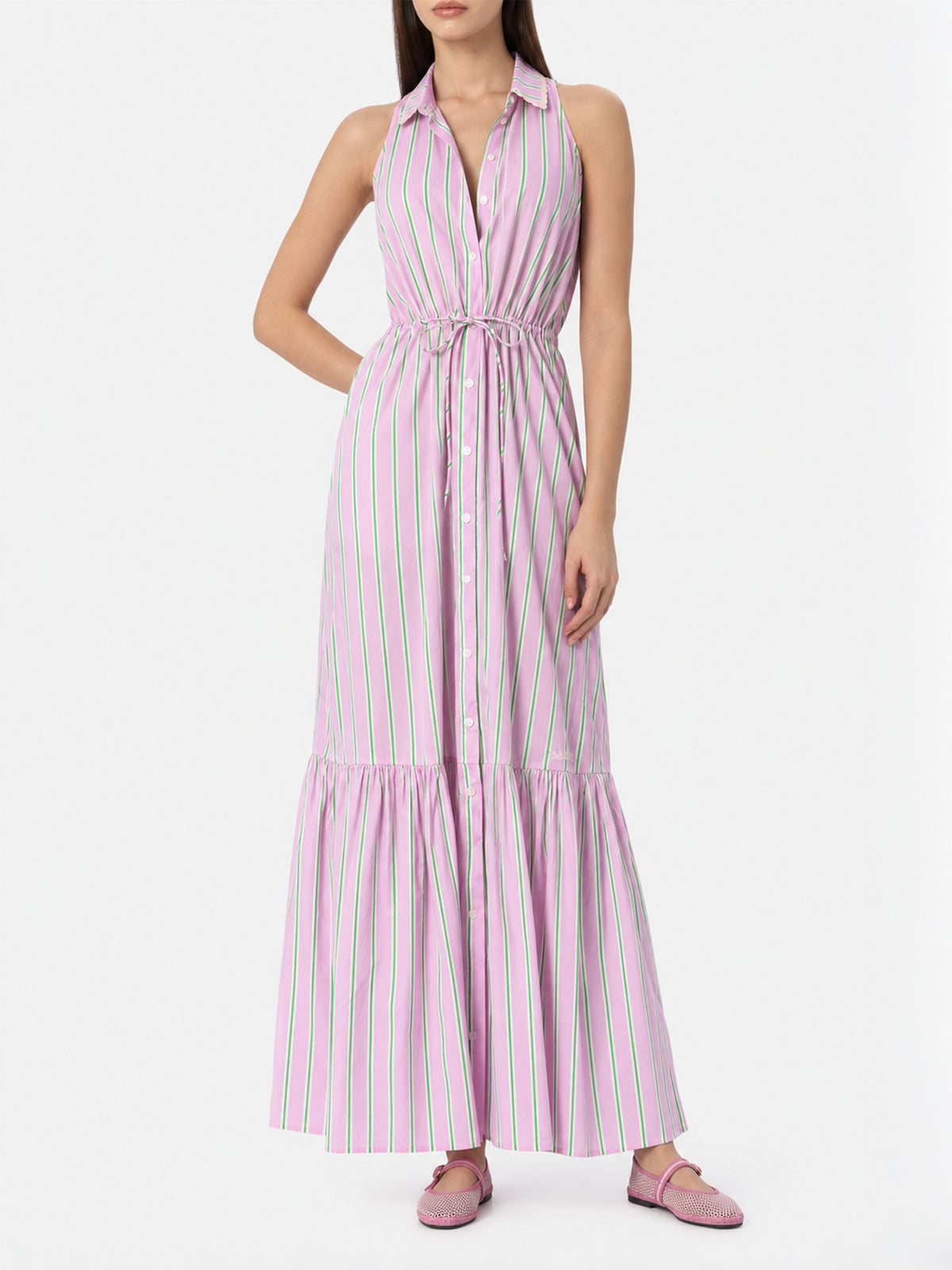 Vestido Ida de cuello halter con rayas lilas y naranjas