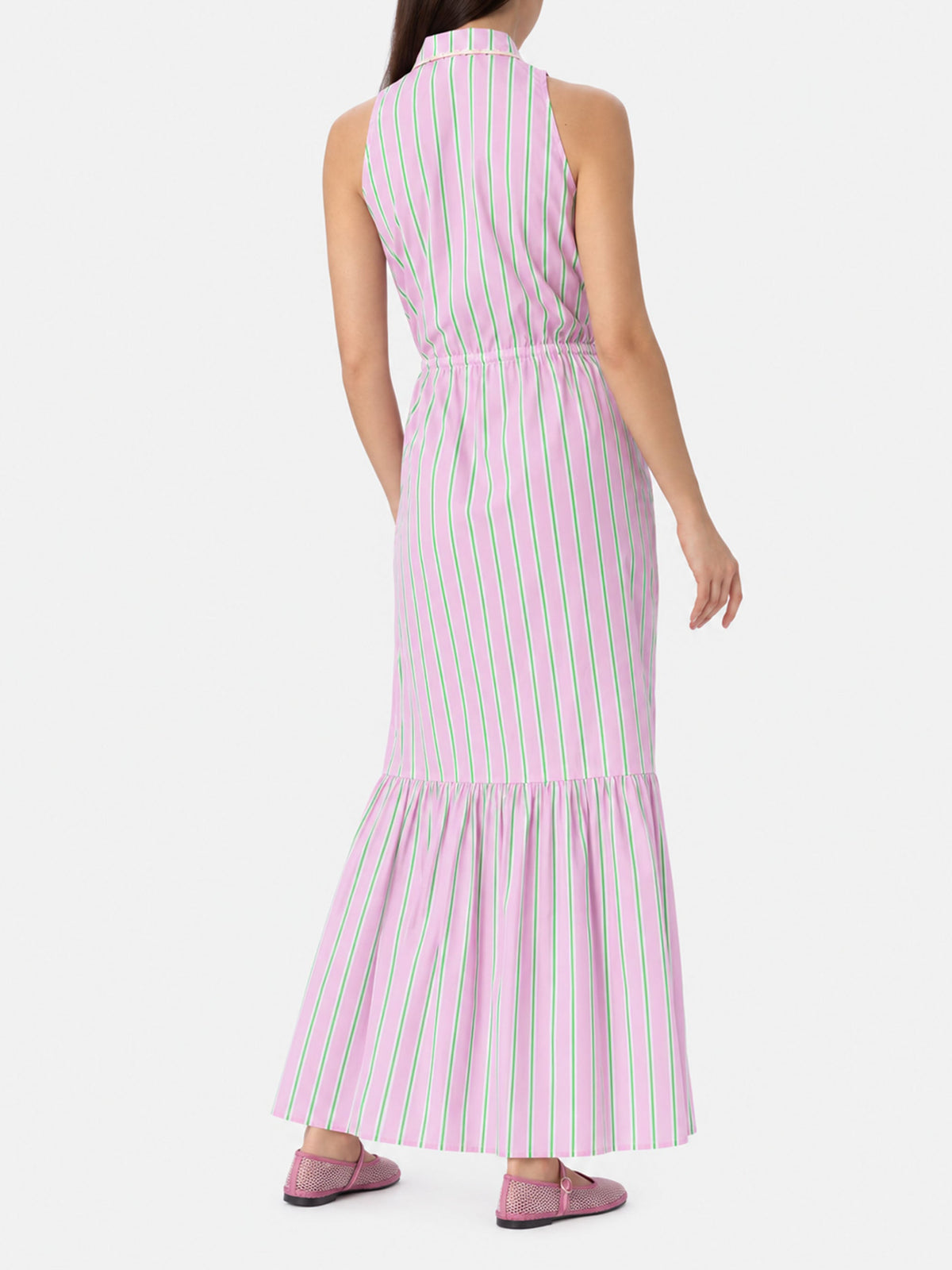 Vestido Ida de cuello halter con rayas lilas y naranjas