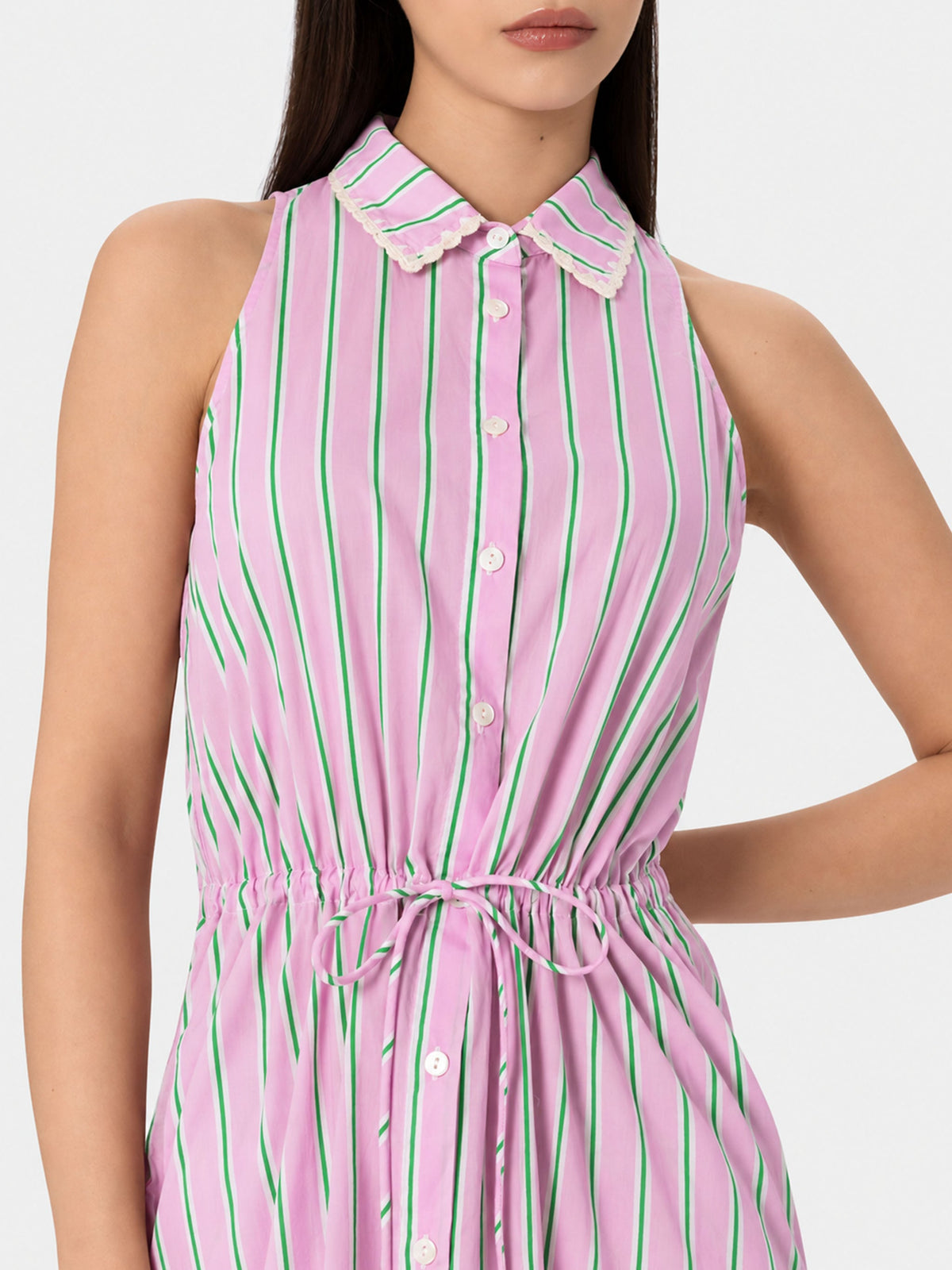 Vestido Ida de cuello halter con rayas lilas y naranjas