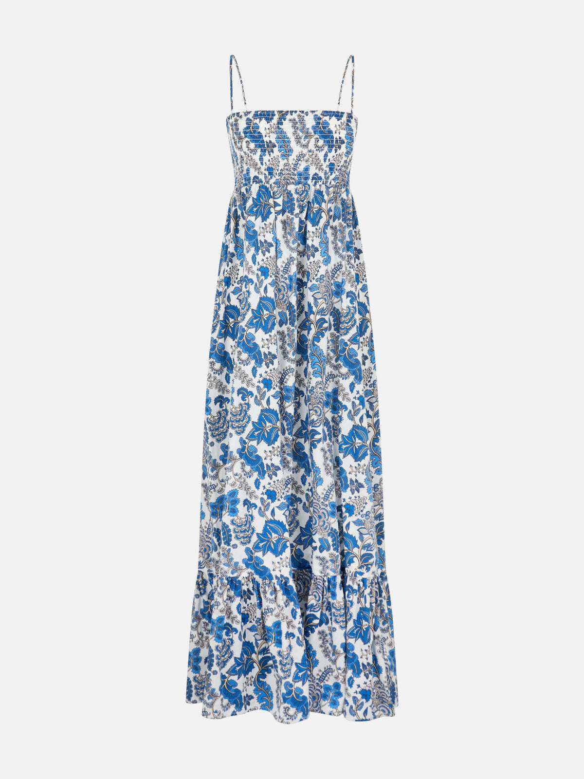 Vestido de algodón Jemma en blanco roto con estampado floral y detalle fruncido