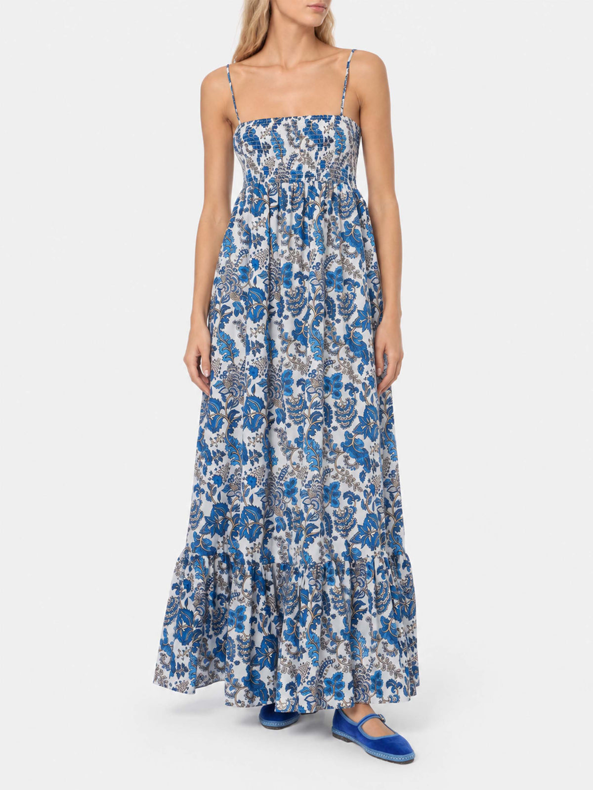 Vestido de algodón Jemma en blanco roto con estampado floral y detalle fruncido