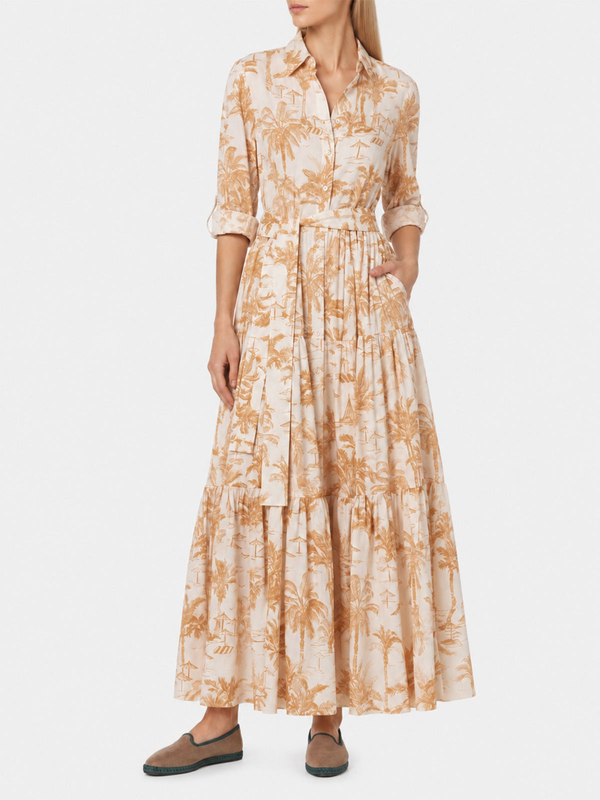 Vestido largo de algodón Jensen multicolor con elegante estampado Toile de Jouy