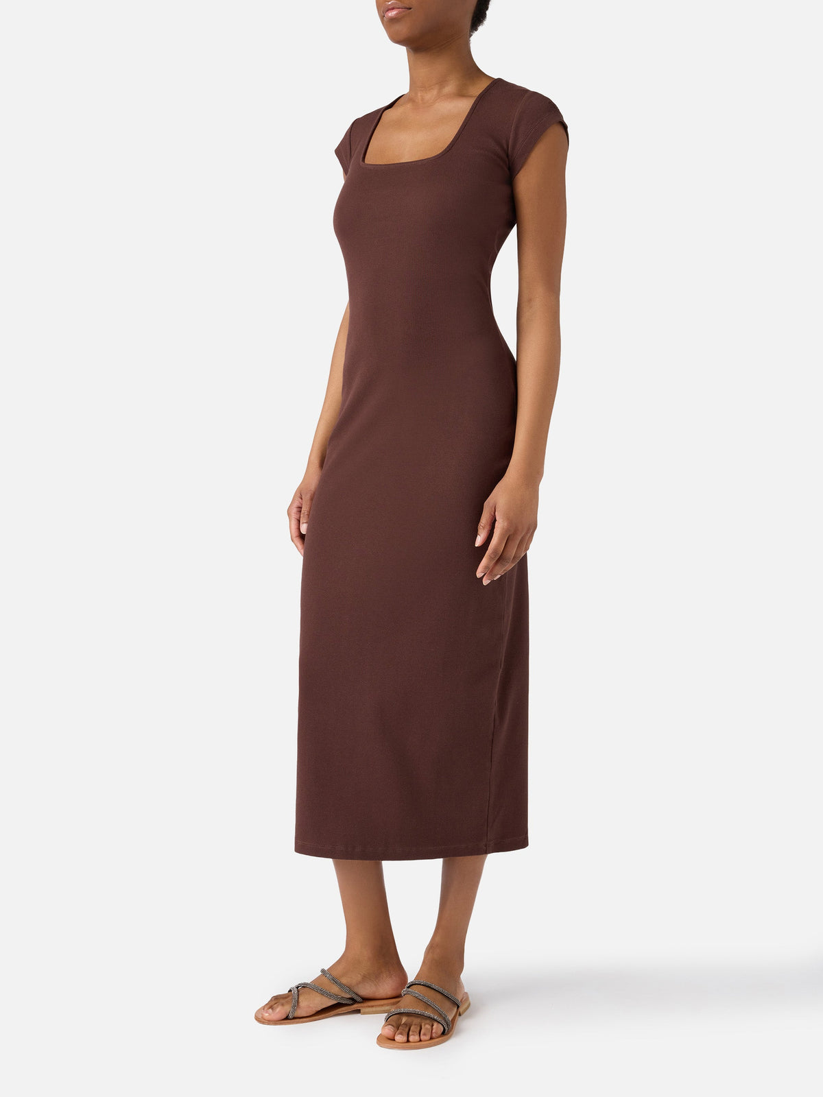 Vestido largo Olimpia de algodón elástico acanalado marrón laminado