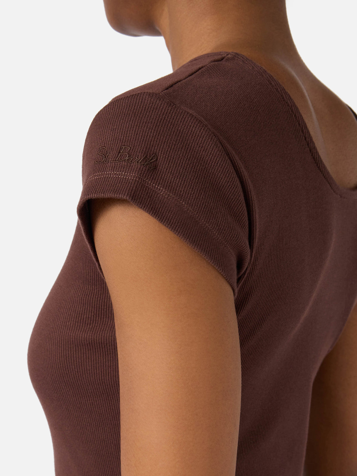 Vestido largo Olimpia de algodón elástico acanalado marrón laminado