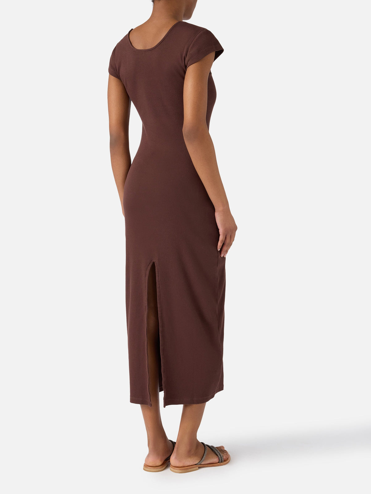 Vestido largo Olimpia de algodón elástico acanalado marrón laminado