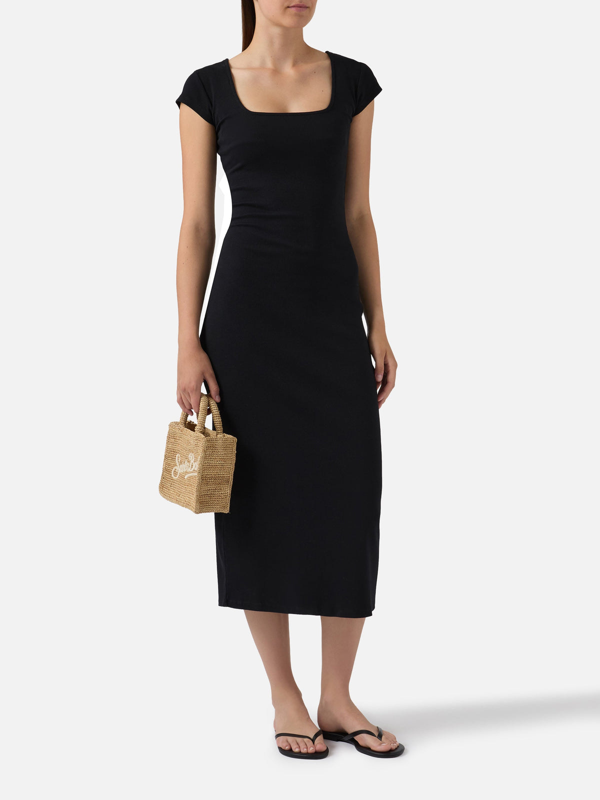 Vestido largo Olimpia de algodón elástico acanalado en negro