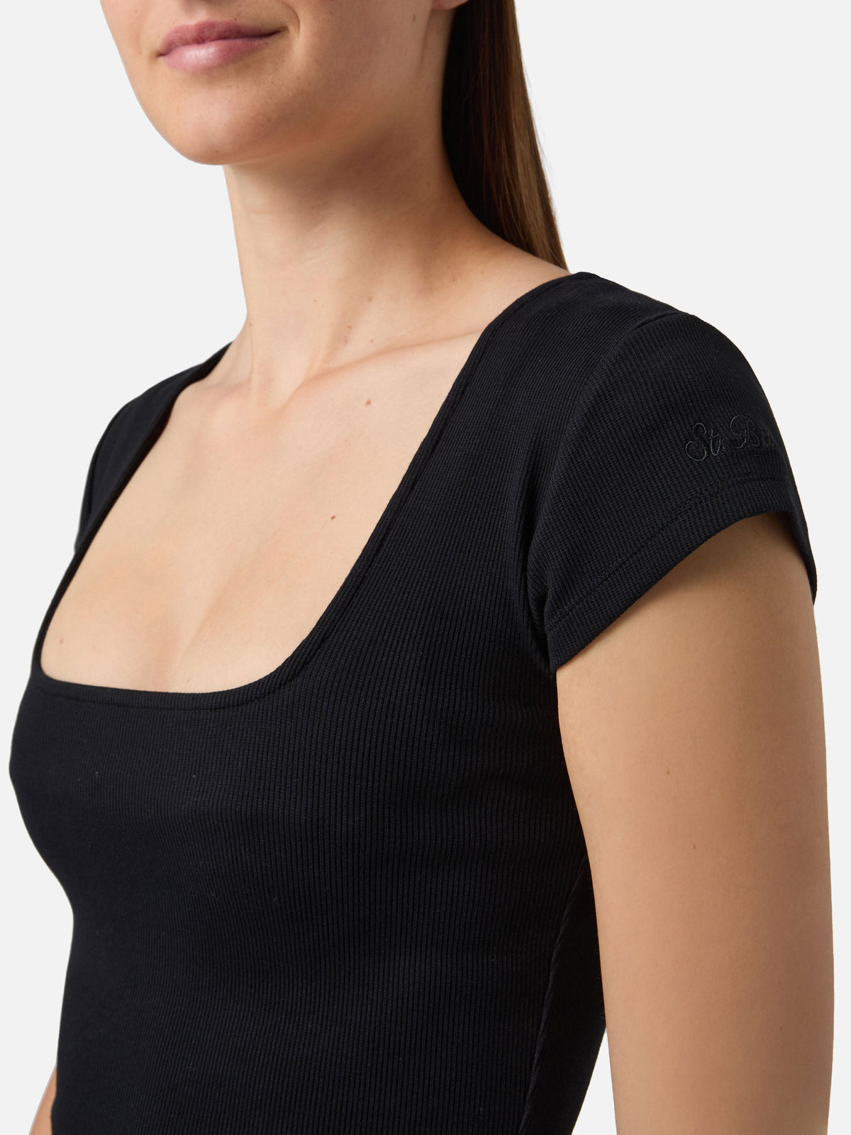 Vestido largo Olimpia de algodón elástico acanalado en negro