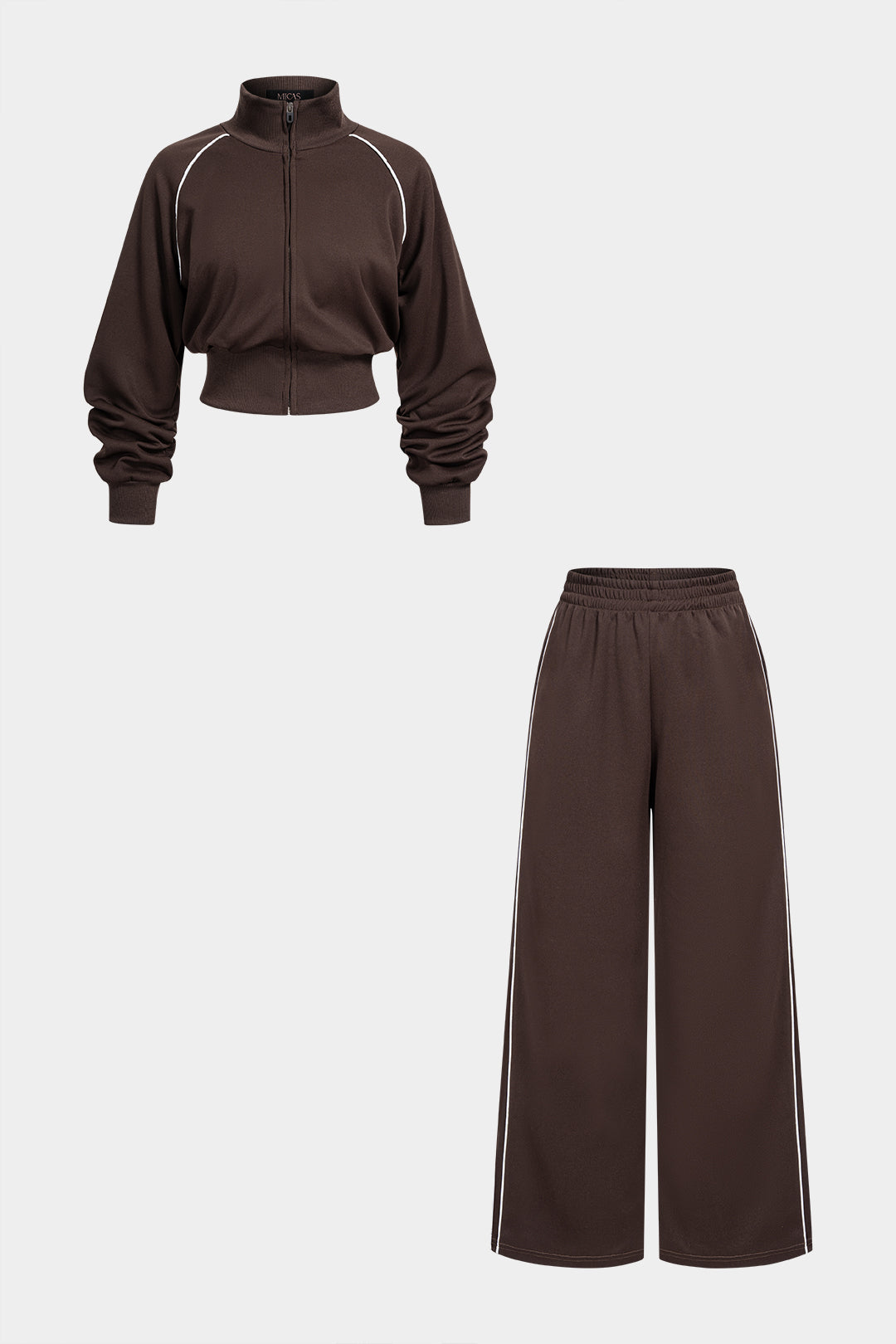 Conjunto de Chaqueta con Cremallera y Cuello Alto con Vivo Contrastante y Pantalón Ancho