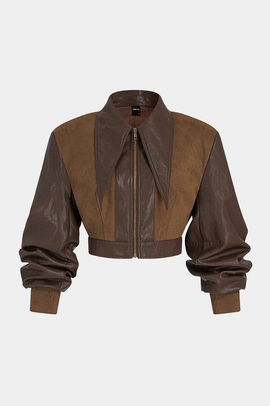 Chaqueta de Polipiel con Patchwork de Ante y Cremallera